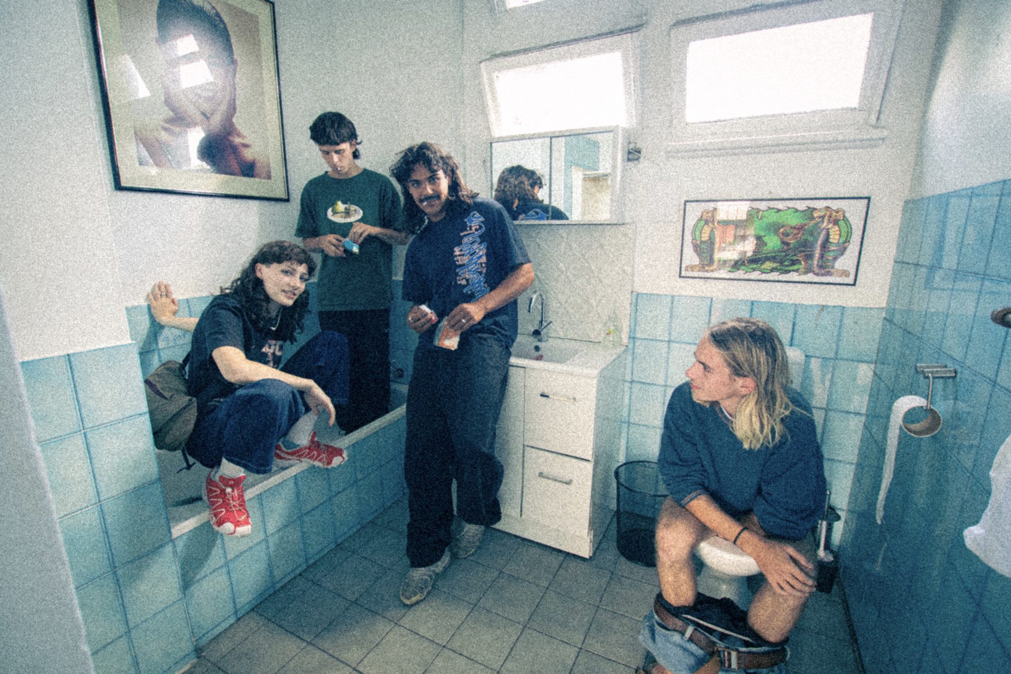 Stimpies in a bathroom. From left to right: Bec, Ned, Xavier, Ethan